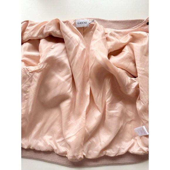 GANNI Inglewood Rose Smoke Pink Furry Wool Blend Varsity Bomber Jacket, Size L - Picture 12 of 15